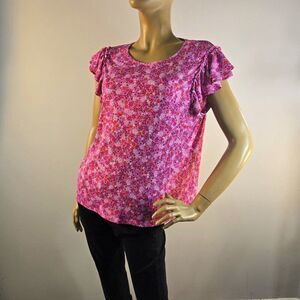 CeCe Womens Blouse Floral Print Double Ruffled Sleeve Knit Top Size Large